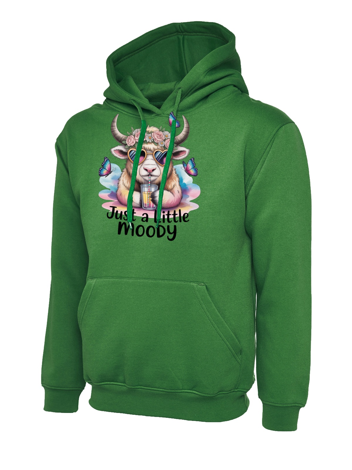 Moody Cow with Flowers uneek uc502 hoodie in kelly green