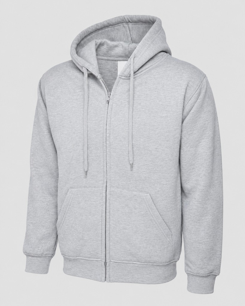 Personalised zipped hoodie in heather grey — front
