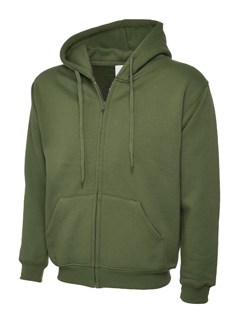 Personalised zipped hoodie in olive — front