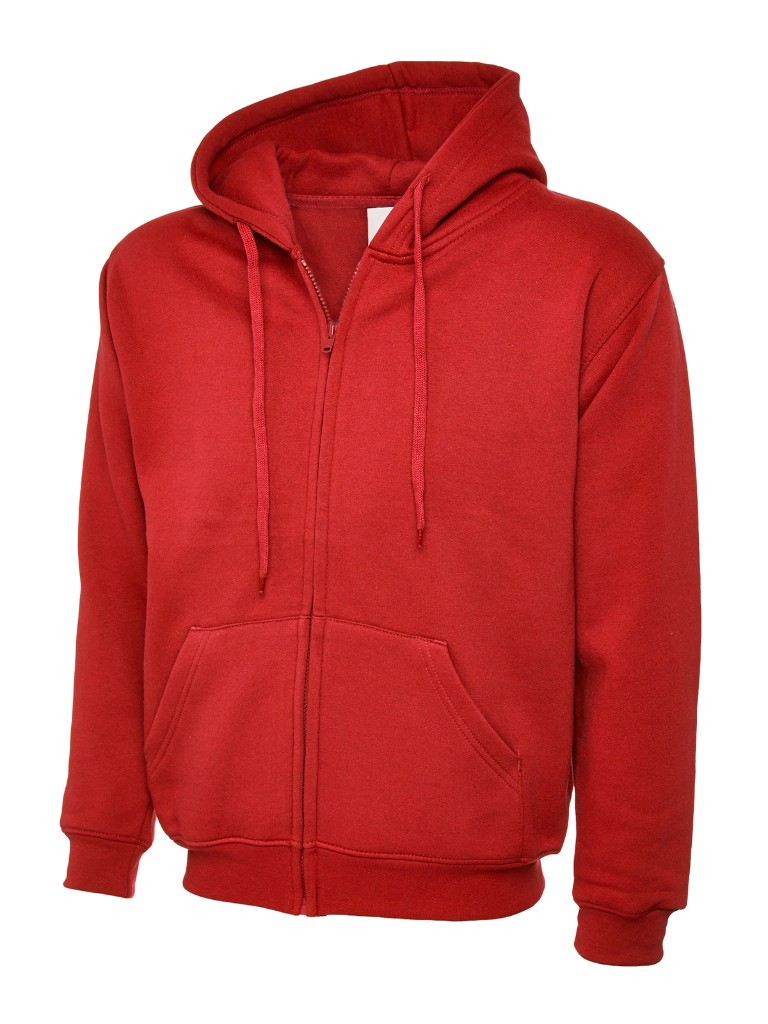 Personalised zipped hoodie in red — front