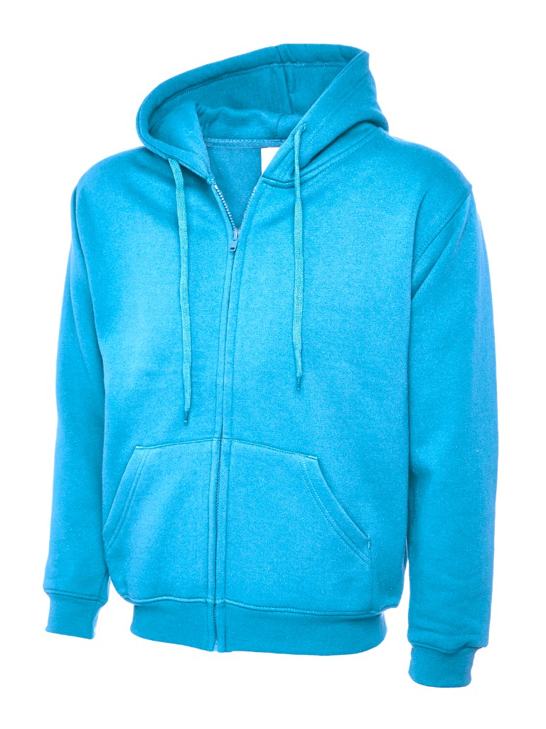 Personalised zipped hoodie in sky — front
